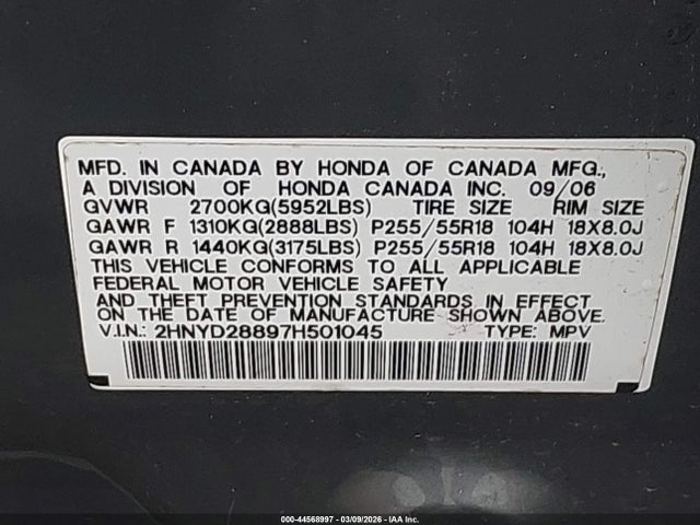 Продаж на аукціоні авто 2007 Acura Mdx Sport Package, vin: 2HNYD28897H501045, номер лоту: 44568997