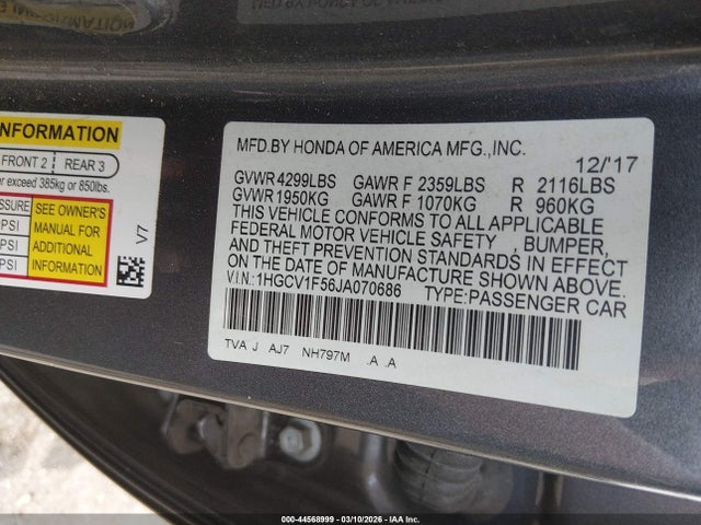 Honda Accord Ex-l 2018 1HGCV1F56JA070686 Image 9