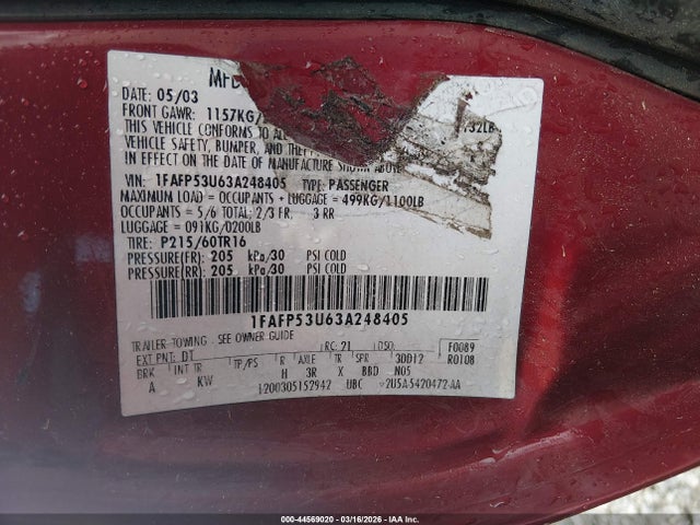 2003 FORD TAURUS 1FAFP53U63A248405 Photo 8