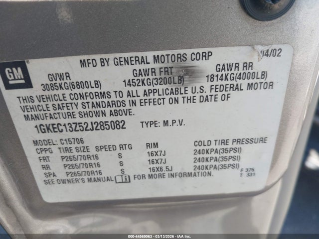44569063 :رقم المزاد ، 1GKEC13Z52J285082 vin ، 2002 Gmc Yukon Slt مزاد بيع