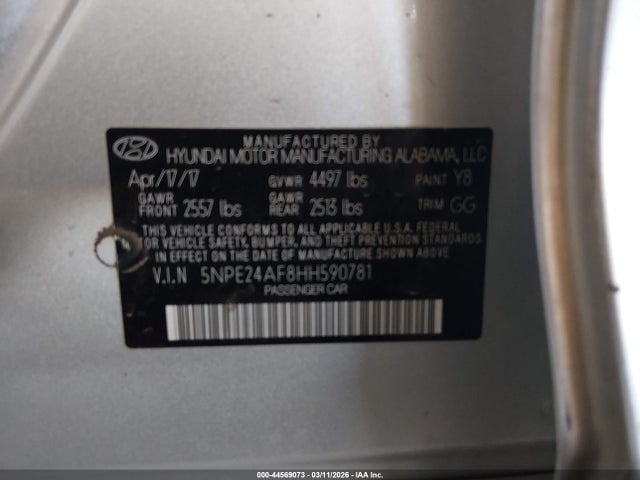 Aukcja sprzedaży 2017 Hyundai Sonata Se, vin: 5NPE24AF8HH590781, numer aukcji: 44569073