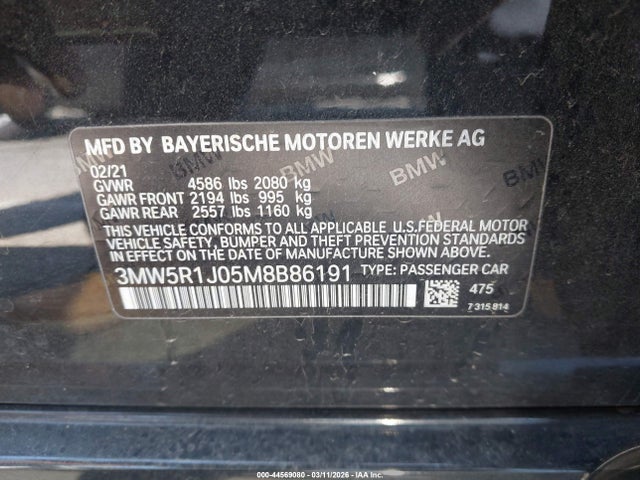 2021 Bmw 330i მანქანა იყიდება აუქციონზე, vin: 3MW5R1J05M8B86191, აუქციონის ნომერი: 44569080