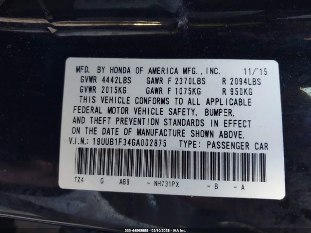 44569085 :رقم المزاد ، 19UUB1F34GA002875 vin ، 2016 Acura Tlx مزاد بيع