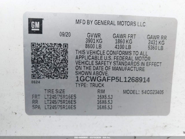 1GCWGAFP5L1268914 Chevrolet Express Cargo Rwd 2500 Regular Wheelbase Wt