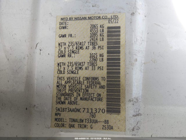 2022 Nissan Rogue S Fwd მანქანა იყიდება აუქციონზე, vin: 5N1BT3AA0NC711370, აუქციონის ნომერი: 44569116