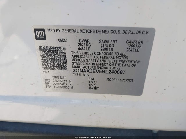 3GNAXJEV5NL240687 Chevrolet Equinox Fwd 2fl