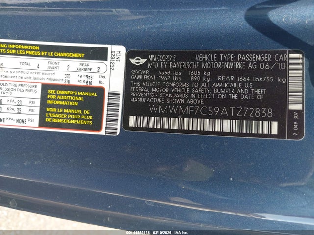 2010 MINI COOPER S WMWMF7C59ATZ72838 Photo 8