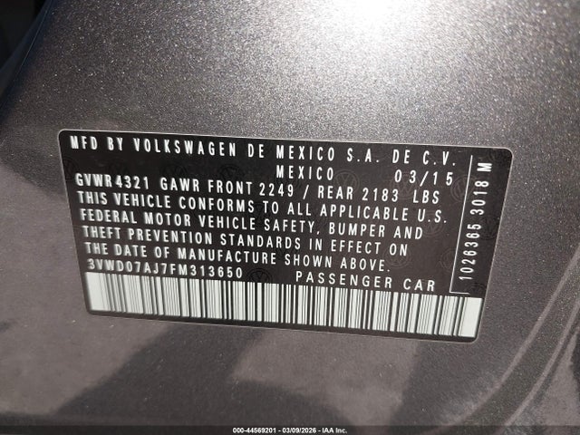 44569201 :رقم المزاد ، 3VWD07AJ7FM313650 vin ، 2015 Volkswagen Jetta 1.8t Se مزاد بيع