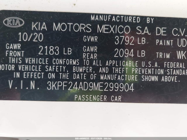 44569233 :رقم المزاد ، 3KPF24AD9ME299904 vin ، 2021 Kia Forte Lxs مزاد بيع