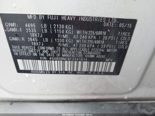 Aukcja sprzedaży 2015 Subaru Outback 2.5i Limited, vin: 4S4BSBNC8F3341814, numer aukcji: 44569235
