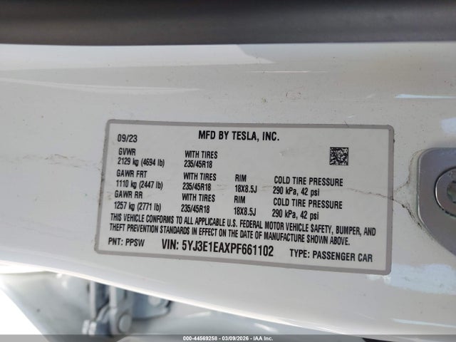 Продажа на аукционе авто 2023 Tesla Model 3 Rear-wheel Drive, vin: 5YJ3E1EAXPF661102, номер лота: 44569258