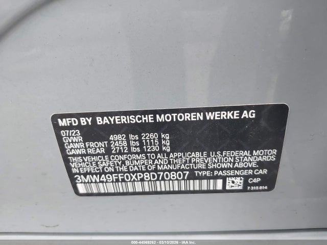44569262 :رقم المزاد ، 3MW49FF0XP8D70807 vin ، 2023 Bmw M340i M340i Xdrive مزاد بيع
