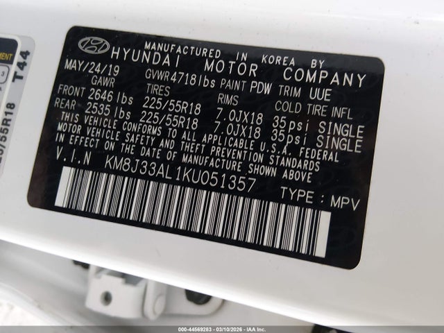 44569283 :رقم المزاد ، KM8J33AL1KU051357 vin ، 2019 Hyundai Tucson Sel مزاد بيع