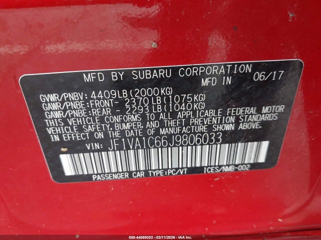Продажа на аукционе авто 2018 Subaru Wrx Premium, vin: JF1VA1C66J9806033, номер лота: 44569302
