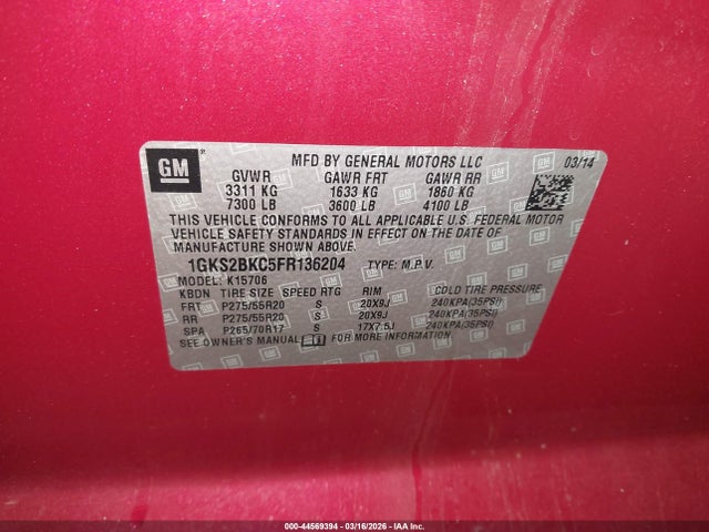 44569394 :رقم المزاد ، 1GKS2BKC5FR136204 vin ، 2015 Gmc Yukon Slt مزاد بيع