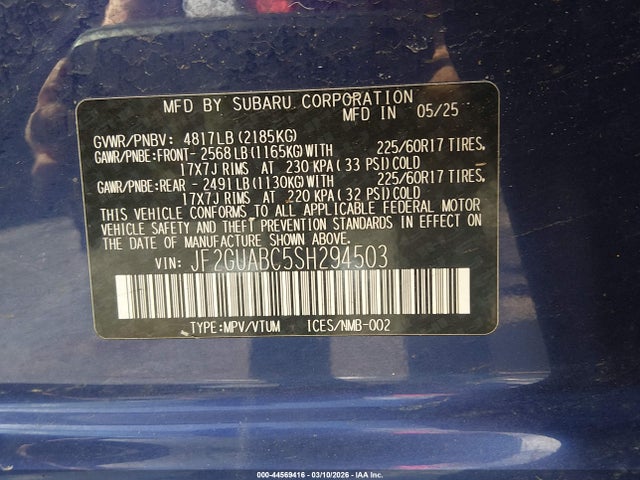 Aukcja sprzedaży 2025 Subaru Crosstrek, vin: JF2GUABC5SH294503, numer aukcji: 44569416