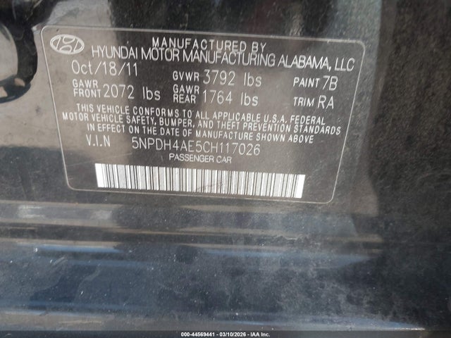 44569441 :رقم المزاد ، 5NPDH4AE5CH117026 vin ، 2012 Hyundai Elantra Limited مزاد بيع