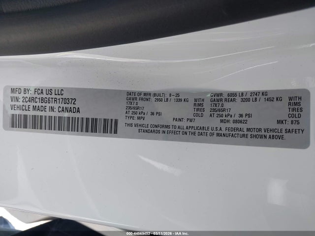 Aukcja sprzedaży 2026 Chrysler Pacifica Select, vin: 2C4RC1BG6TR170372, numer aukcji: 44569452