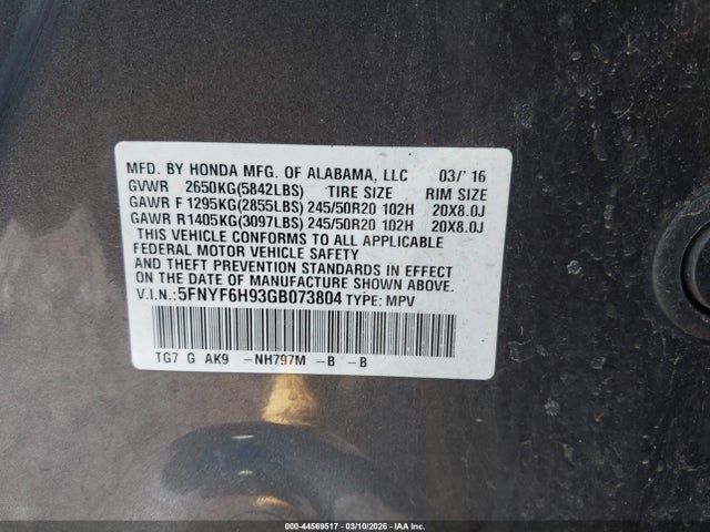 5FNYF6H93GB073804 Honda Pilot Touring