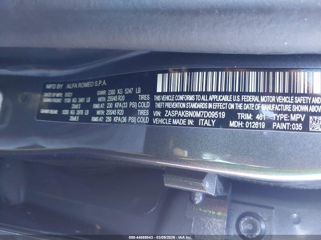 44569543 :رقم المزاد ، ZASPAKBN0M7D09519 vin ، 2021 Alfa Romeo Stelvio Ti Awd مزاد بيع