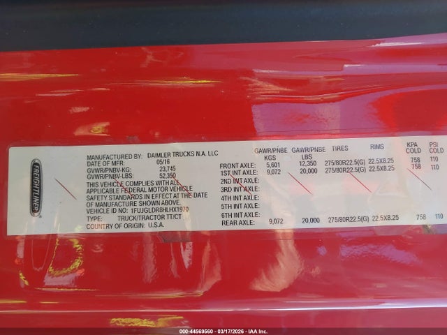 Aukcja sprzedaży 2017 Freightliner Cascadia 125, vin: 1FUJGLDR8HLHX1970, numer aukcji: 44569560