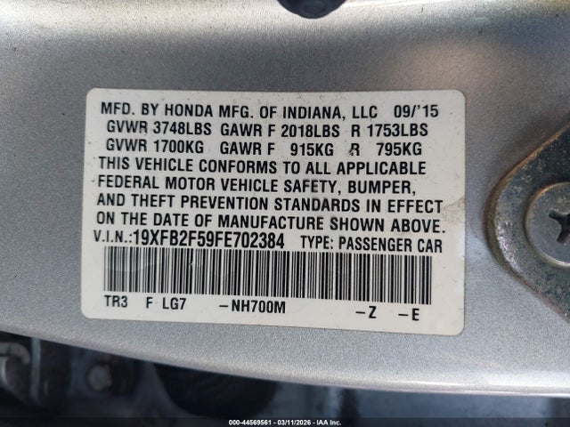 44569561 :رقم المزاد ، 19XFB2F59FE702384 vin ، 2015 Honda Civic Lx مزاد بيع