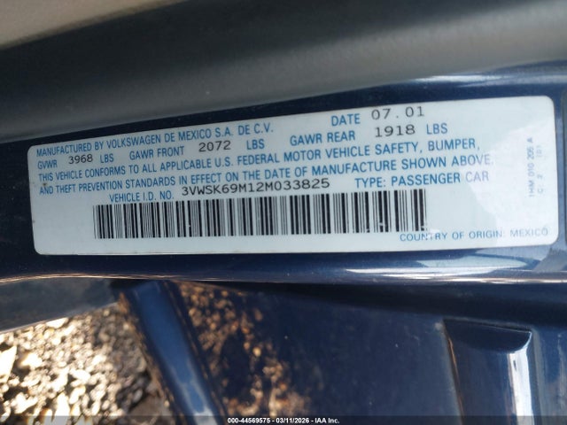 2002 Volkswagen Jetta Gls მანქანა იყიდება აუქციონზე, vin: 3VWSK69M12M033825, აუქციონის ნომერი: 44569575