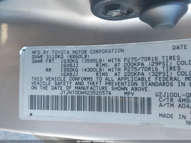 Продаж на аукціоні авто 2002 Lexus Lx 470, vin: JTJHT00WX23520574, номер лоту: 44569602