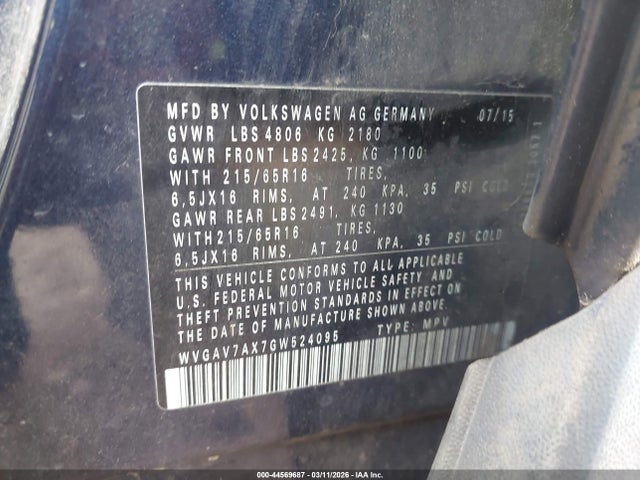 44569687 :رقم المزاد ، WVGAV7AX7GW524095 vin ، 2016 Volkswagen Tiguan S مزاد بيع