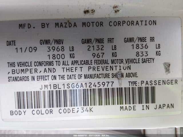 44569701 :رقم المزاد ، JM1BL1SG6A1245977 vin ، 2010 Mazda Mazda3 I Touring مزاد بيع
