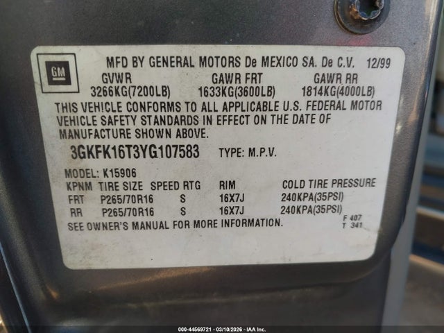 Aukcja sprzedaży 2000 Gmc Yukon Xl 1500 Slt, vin: 3GKFK16T3YG107583, numer aukcji: 44569721