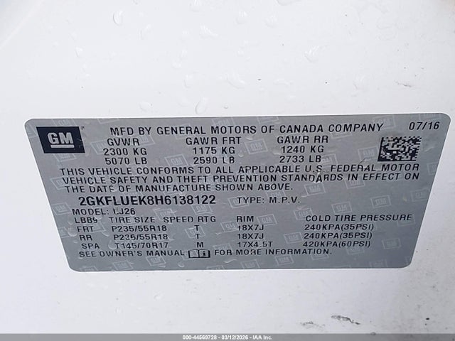 44569728 :رقم المزاد ، 2GKFLUEK8H6138122 vin ، 2017 Gmc Terrain Slt مزاد بيع