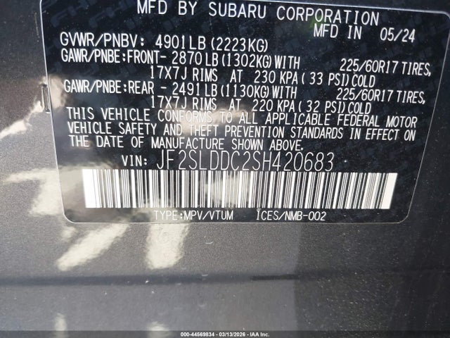 Aukcja sprzedaży 2025 Subaru Forester Premium, vin: JF2SLDDC2SH420683, numer aukcji: 44569834
