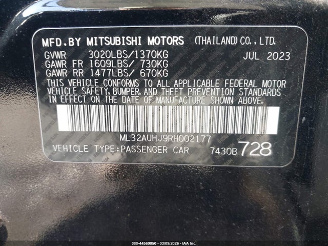 Aukcja sprzedaży 2024 Mitsubishi Mirage Es, vin: ML32AUHJ9RH002177, numer aukcji: 44569850