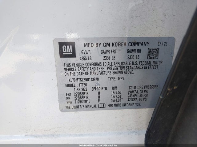 Aukcja sprzedaży 2022 Chevrolet Trailblazer Fwd Rs, vin: KL79MTSL2NB143979, numer aukcji: 44569868