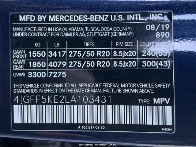44569907 :رقم المزاد ، 4JGFF5KE2LA103431 vin ، 2020 Mercedes-benz Gls 450 4matic مزاد بيع