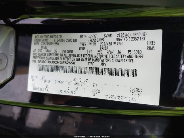 2017 Ford Escape Titanium მანქანა იყიდება აუქციონზე, vin: 1FMCU9J92HUE62658, აუქციონის ნომერი: 44569927