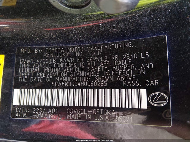 44569929 :رقم المزاد ، 58ABK1GG4HU060285 vin ، 2017 Lexus Es 350 مزاد بيع