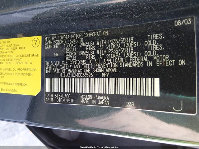44569945 :رقم المزاد ، JTJHA31UX40036526 vin ، 2004 Lexus Rx 330 مزاد بيع