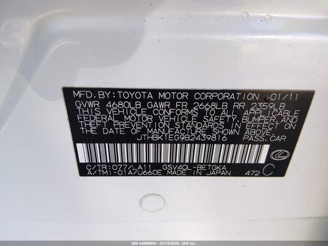 44569954 :رقم المزاد ، JTHBK1EG9B2439816 vin ، 2011 Lexus Es 350 مزاد بيع
