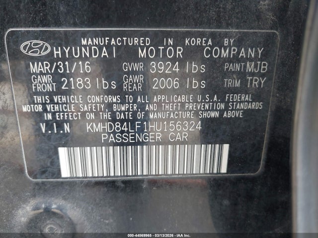 Aukcja sprzedaży 2017 Hyundai Elantra Limited, vin: KMHD84LF1HU156324, numer aukcji: 44569965