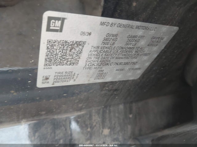 2019 Gmc Yukon Xl Slt მანქანა იყიდება აუქციონზე, vin: 1GKS2GKC7KR380752, აუქციონის ნომერი: 44569967