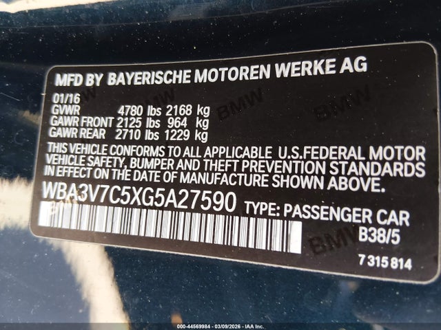 44569984 :رقم المزاد ، WBA3V7C5XG5A27590 vin ، 2016 Bmw 428i مزاد بيع