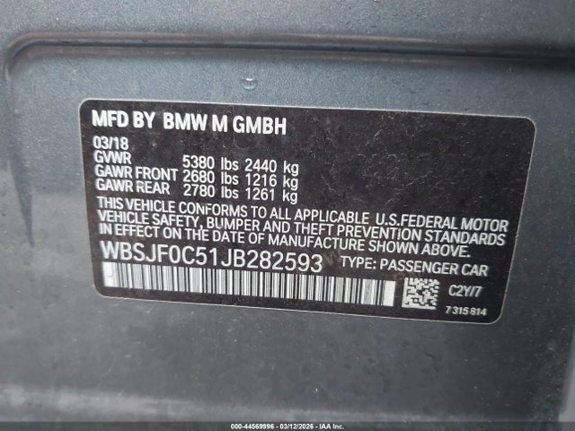 Продаж на аукціоні авто 2018 Bmw M5, vin: WBSJF0C51JB282593, номер лоту: 44569996