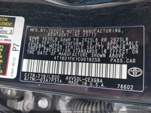 Продажа на аукционе авто 2012 Toyota Camry Hybrid Xle, vin: 4T1BD1FK1CU019256, номер лота: 44570025