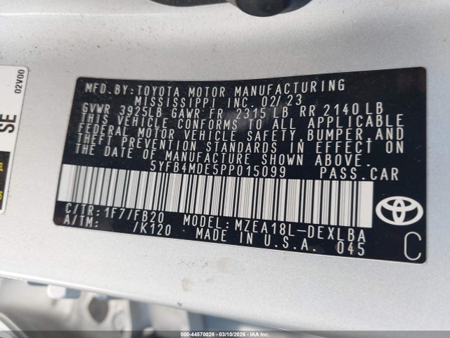 Продажа на аукционе авто 2023 Toyota Corolla Le, vin: 5YFB4MDE5PP015099, номер лота: 44570028
