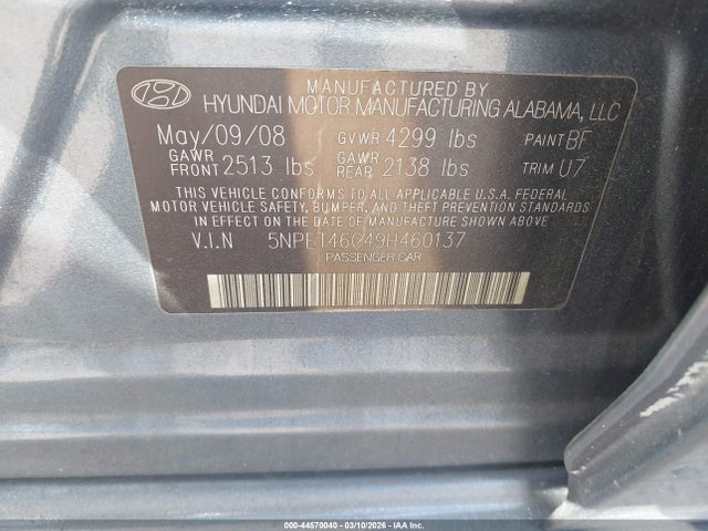 2009 Hyundai Sonata Gls მანქანა იყიდება აუქციონზე, vin: 5NPET46C49H460137, აუქციონის ნომერი: 44570040