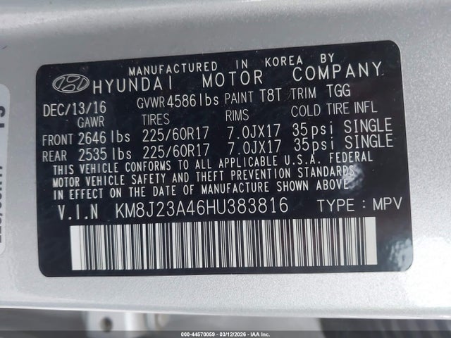 Aukcja sprzedaży 2017 Hyundai Tucson Se, vin: KM8J23A46HU383816, numer aukcji: 44570059