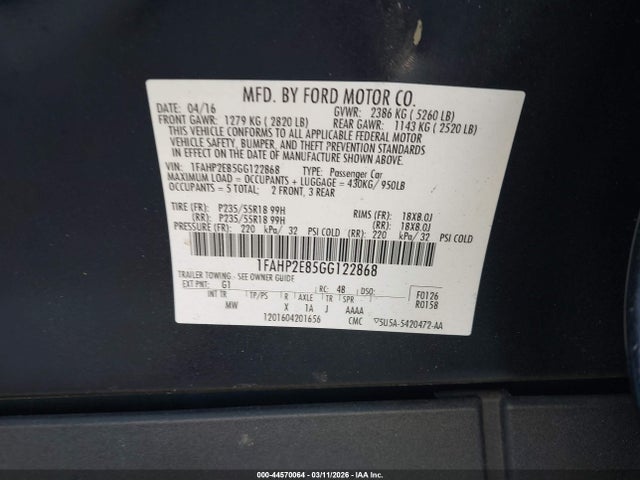 Aukcja sprzedaży 2016 Ford Taurus Sel, vin: 1FAHP2E85GG122868, numer aukcji: 44570064