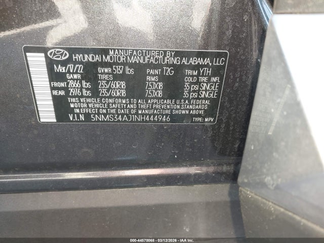 Aukcja sprzedaży 2022 Hyundai Santa Fe Sel, vin: 5NMS34AJ1NH444946, numer aukcji: 44570068